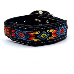 Myra Dodger Trail Dog Collar Black Leather Beaded Tooled Southwestern Small